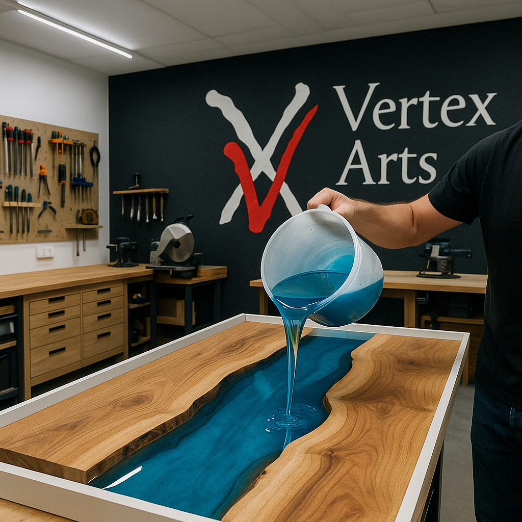 Artesano de VertexArt trabajando con resina epoxi y madera reciclada en el proceso de creación